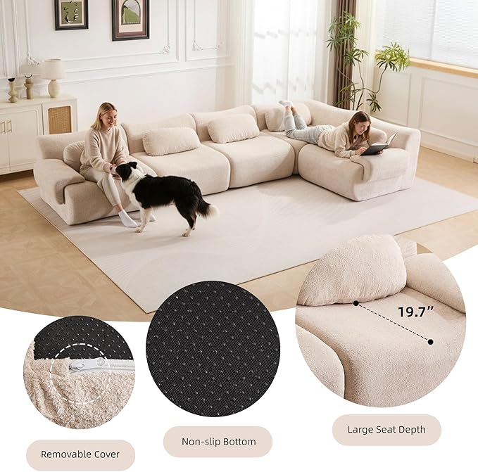 148.2 Boneless Couches for Living Room Cloud Modular Sectional Sofa in a Box Memory Foam Modern Couch Big Comfy Compressed Sofas L Shaped Couch with Corner Bedroom Apartment Beige