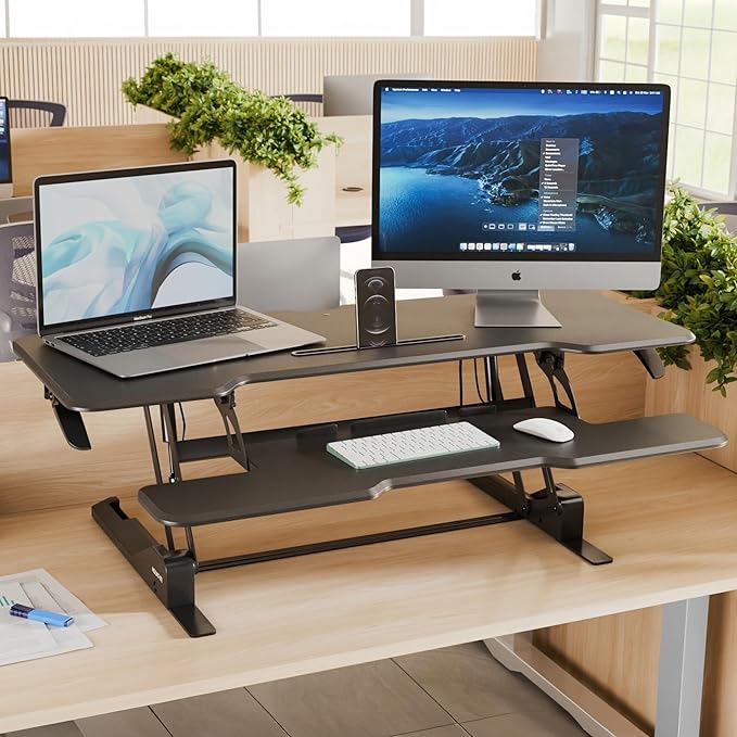 Mount-It! 47 Standing Desk Converter XL Desktop Sit-Stand Desk Riser with Gas Spring Height Adjustment Wide Desk Topper for Dual Monitors or Monitor &amp Laptop Keyboard Tray Black