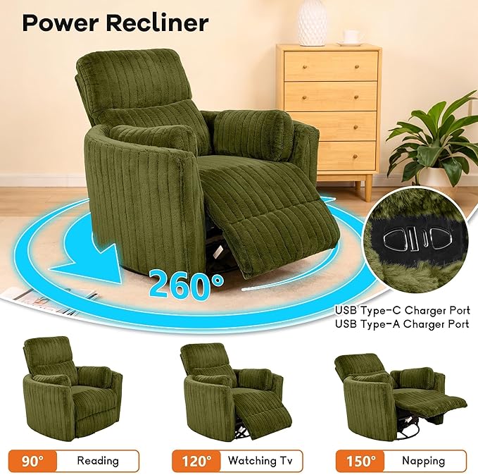 leovanni Power Swivel Rocker Recliner Chenille Upholstered Nursery Glider Rocking Chair with 2 Pillows USB Ports Electric Nursing Reclining Chairs Bedroom Living Room Olive Green