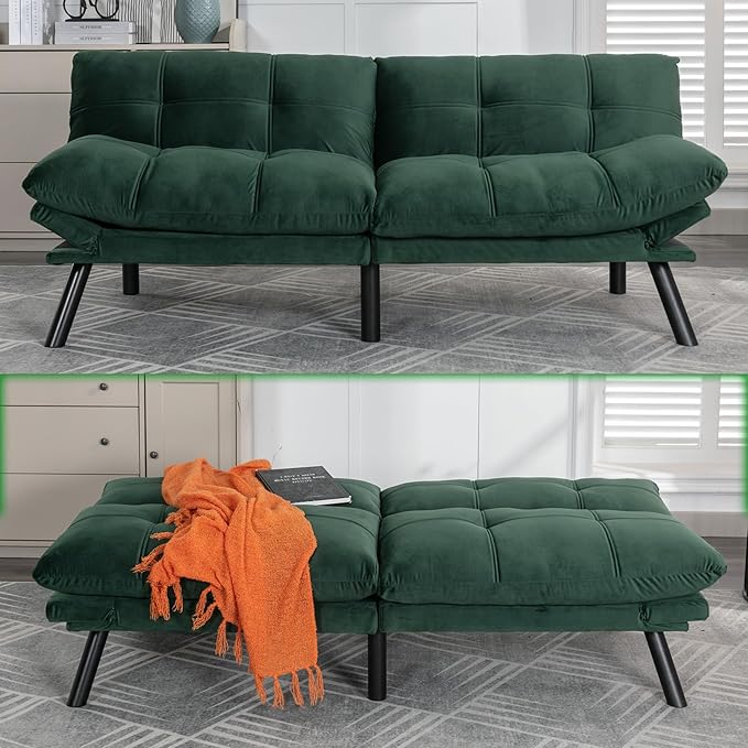 Anwick Modern Futon Couch Bed Sofa: Velvet Fabric Quick Folding Armrest Space-Saving Convertible 2 Seater Loveseat for Living Room Bedroom Small Rooms Apartment (Green)