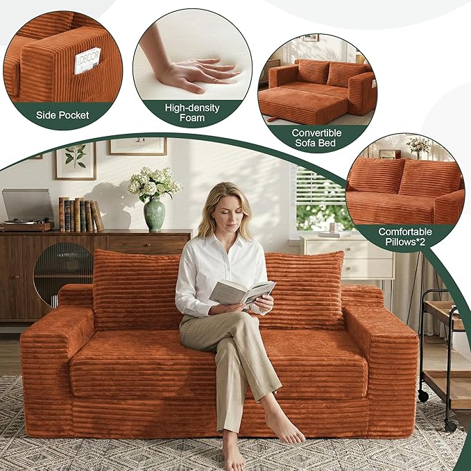 73 Convertible Sofa Bed 2 in 1 Folding Couch Bed Boneless Couch in a Box Cloud Loveseat Sleeper Fold Out Comfy Floor Futon Sofa with 2 Pillows for Living Room Bedroom No Assembly (Orange 73)