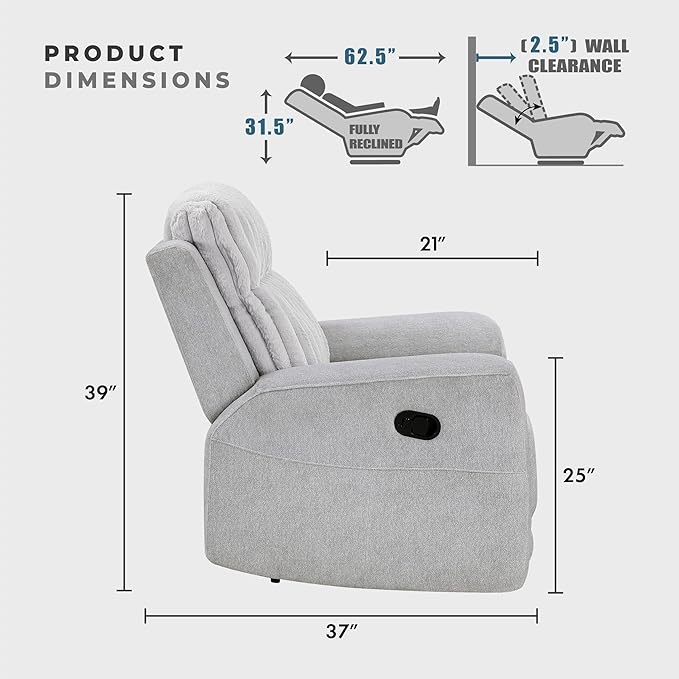 Lexicon Modern Recliner Chair for Living Room Manual Wall Hugger Textured Microfiber Reclining Chair Plush Corduroy Channel Seat Back Manual Recliner Light Gray
