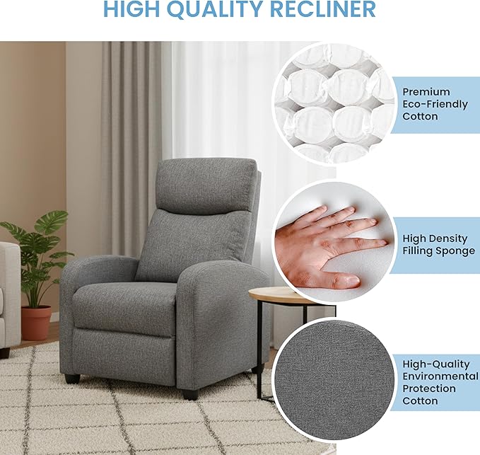 Simple Deluxe Recliner Chair - Adjustable Push Back Fabric Recliner Perfect Reading Chair &amp Sofa Chair for Living Room Chairs or Bedroom Chair Single Recliner for Home Theater Grey