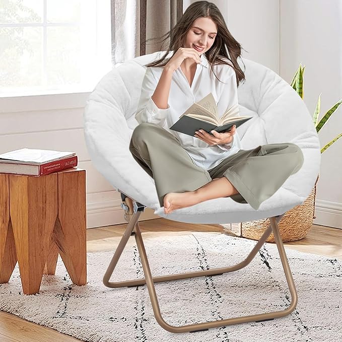 Round Comfy Saucer Chair Metal Frame Cozy Lounge Lazy Chair Folding Faux Fur Saucer Chair for Adults Foldable Papasan Moon Chair for Bedroom Living Room Dorm (White Seat/Gold Stand)