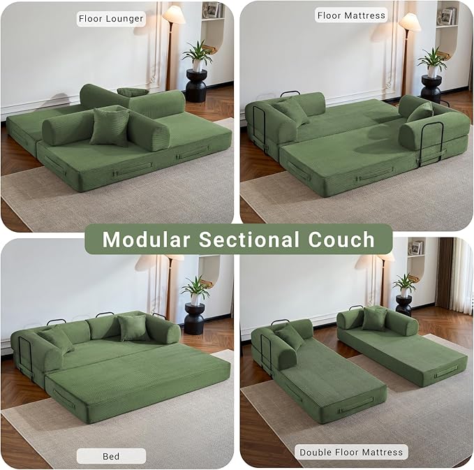 Compressed Sofa Convertible Sofa Bed Corduroy Compression Boneless Couch with Pillow Comfy Modular Foldable Floor Sleeper Sofa for Bedroom Living Room Lounge Studio (Olive Green)