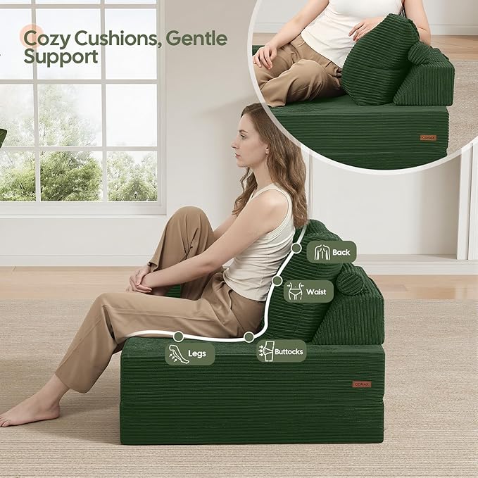 COMAX Folding Sofa Bed Foldable Couch for Bedroom Corduroy Convertible Floor Sleeper Futon Chair Foam 3 in 1 Fold Out Chair Portable Comfy Lounge Couch Single Sofa Bed for Small Space Guest Room