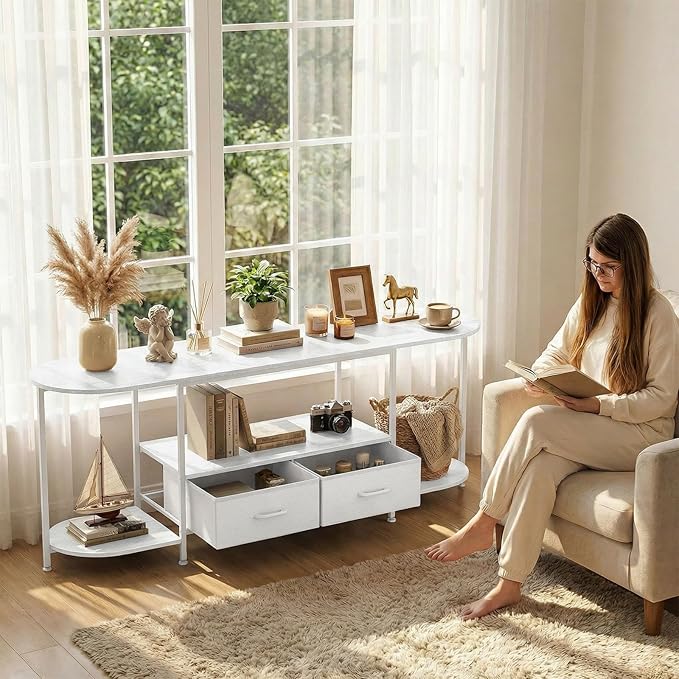 63 TV Stand for TVs up to 75 Inches Curved Edge Media Console &amp Entertainment Center with 2 Fabric Drawers Modern TV Console Table for Living Room or Bedroom White