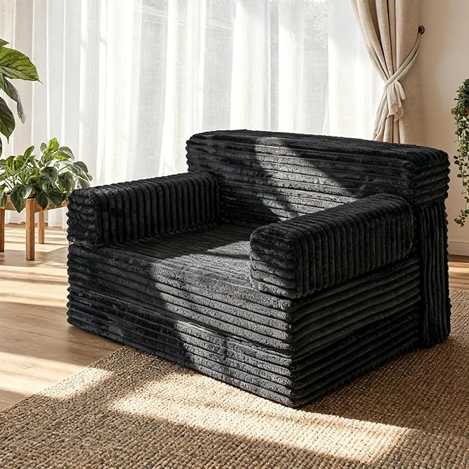 Folding Sofa BedConvertible Sofa Bed with Armrest Foldable Sleeper Chair Portable Folding 4-in-1 Floor Sofa with Convertible Lounge Chair for Living RoomBedroomWashable CoverBlack Single