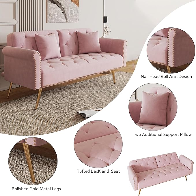 Stylish Velvet Sofa 70 Sofa Sleeper Convertible with Matching Pillows for Living RoomApartmentSmall Spaces (Pink)