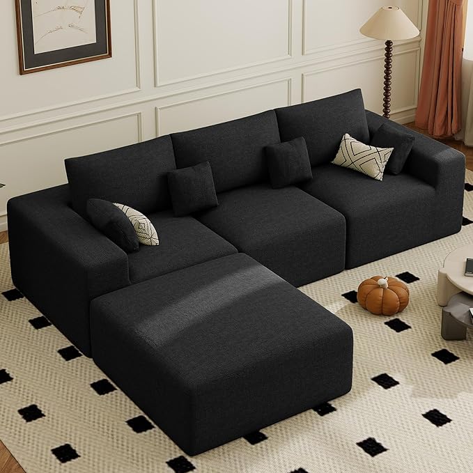 113 Modular Sectional Sofa Convertible L-Shaped Cloud Couches for Living Room with Ottoman 4 Seater Chenille Boneless Couch Sofa Set No Assembly Required Black 1 PCS