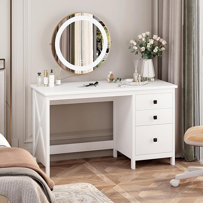 JSB 47.2'' White Computer Desk for Home OfficeFarmhouse Executive Desk with 3 File DrawersStudy Writing Table Storage CabinetMakeup Vanity Desk for Bedroom (White 47.2in)