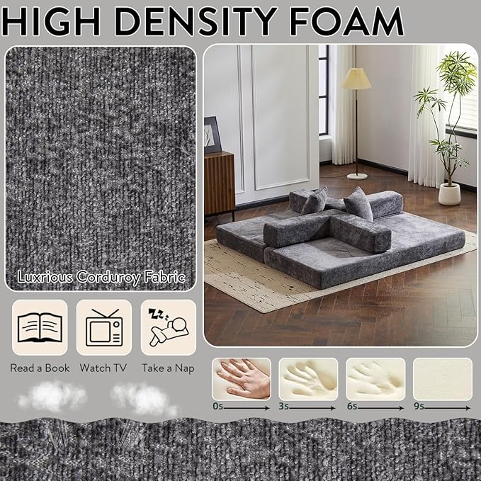 4-in-1 Convertible Folding Sleeper Sofa Bed Fold Out Floor Sofa Couch with Fixed-Shape Frame Cloud Corduroy Foldable Mattress Couch for Living Room Bedroom (78.5 Chenille Dark Grey)