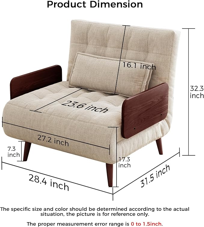 JASIWAY Convertible Sleeper Chair Bed for Adults 3 in 1 Linen Convertable Futon Chair with Pillow Fold Out Single Sleeper Couch Guest Bed for Small Spaces Bedroom Mid-century with Walnut Arm 28.4