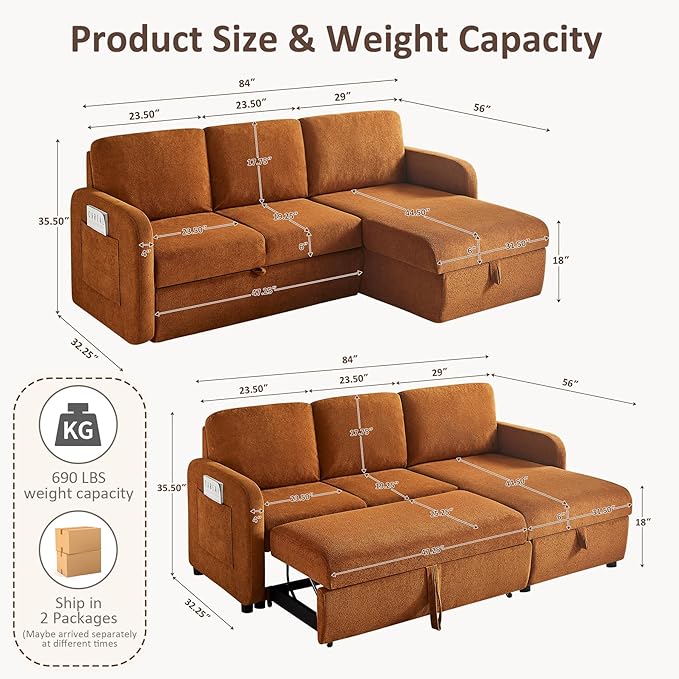 84-inch Sleeper Sofa Bed L-Shaped Corner Reversible Sleeper Sectional Sofa with Storage Chaise 2 in 1 Cloud Terry Convertible Pull Out Couch for Small Space Bedroom Apartment Office Living Room