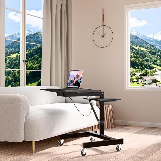 Mobile Standing Desk with Wheels Height Adjustable Laptop Table 27.56 Inch Portable Ergonomic Workstation with Locking Casters &amp Tilting Top Black