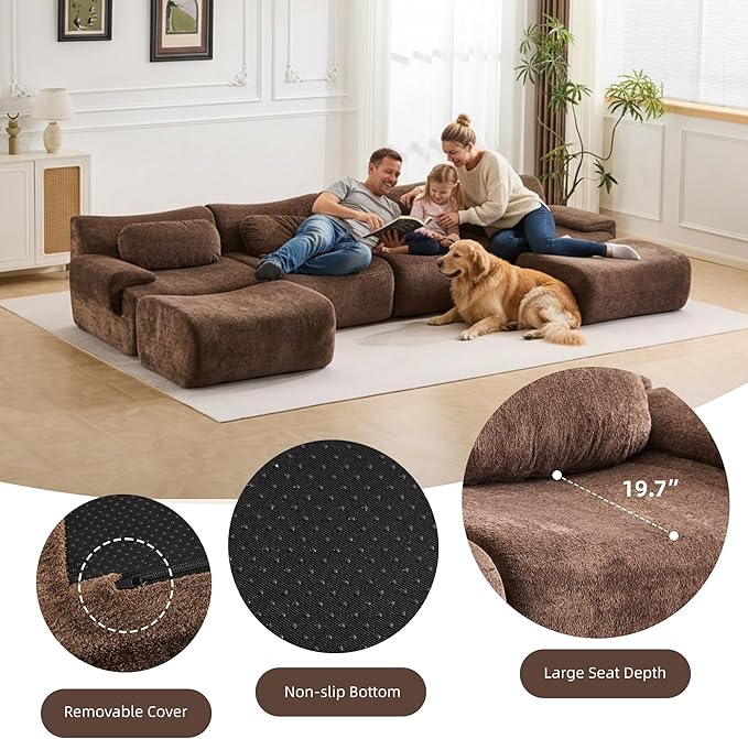 148.2 Boneless Couches for Living Room Set Cloud Modular Sectional Sofa in a Box Memory Foam Modern Couch Big Comfy Compressed Sofas U Shaped Couch with Ottoman Bedroom Apartment Chocolate