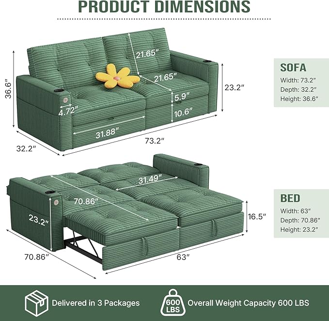 Rovibek 73.2 Convertible Sofa Bed Pull Out Couch with USB Charging Port &amp Cup Holders Adjustable Backrest Side Pockets Modern Corduroy Sleeper Sofa for Living Room Bedroom Apartment Green