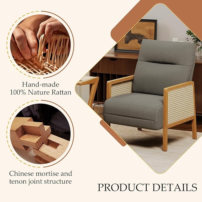 Andeworld Taupe Accent ChairsUpholstered Modern Living Room Chairs with Natural Rattan Arm Side Chair for Bedroom Club Balcony Reception Room