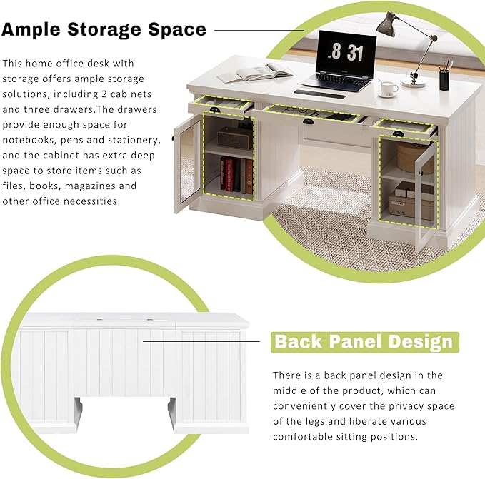 67 Modern White Executive Desk Computer Desk with 2 Glass-Door Cabinets &amp 3 Drawers White Home Office Desk Writing Table with USB Ports Study Workstation for Living Room (White+Glasses)