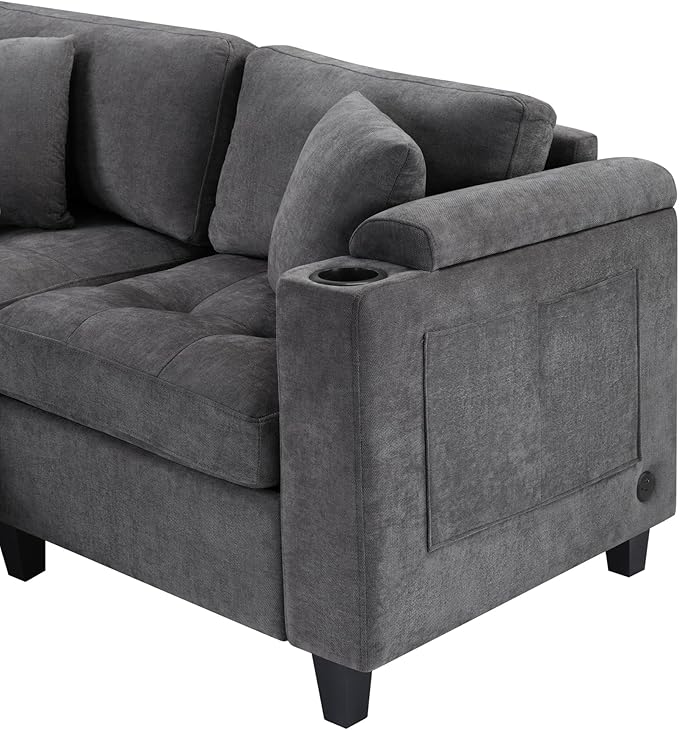 Modern U-Shaped Sectional Sofa 115.7 Corner Sectional Living Room Couch Oversized Sectional with Built-in Cup Holders Storage Space and USB Ports for Living Room (Grey-X22)