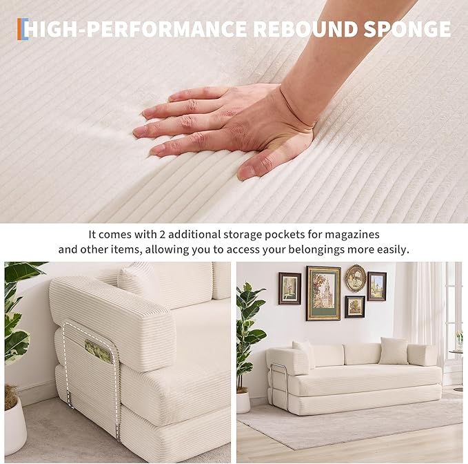Convertible Sleeper Sofa Bed 78.8 Floor Sofa Bed 5-in-1 Folding Mattress Couch Loveseat with Fixed-Shape Frame Pillow Corduroy Fabric for Living Room Bedroom Lounge Beige