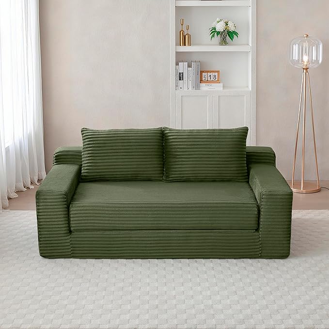 73 Convertible Sofa Bed Pull Out Loveseat Sleeper Sofa with Side Pockets 2 in 1 Folding Couch Bed Fold Out Floor Couch Lounge Sofa with 2 Pillows for Living Room Apartment (Green)
