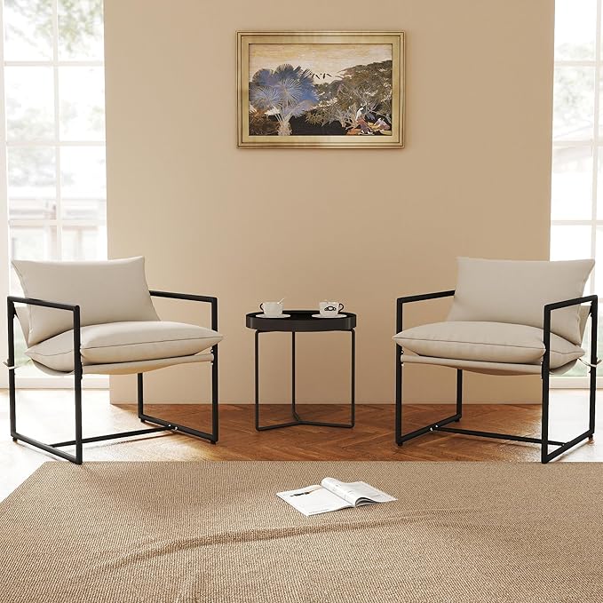 Modern Accent Chair with Armrest Set of 2 Cozy Upholstered Living Room Chair Square Metal Frame &amp Soft Sponge Cushion 28x28x32 Easy Assembly Beige