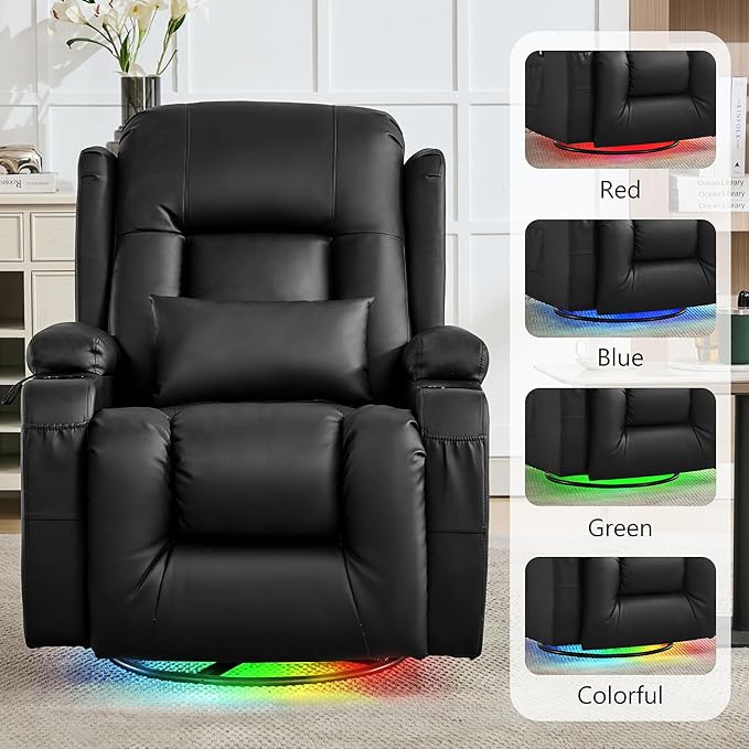 URRED Rocker Recliner Chair for Adults 270° Swivel Glider Reclining Single Sofa with LED Ambient Light Cup Holders and Side Pockets Faux Leather Recliner for Living Room or Home Theater Black