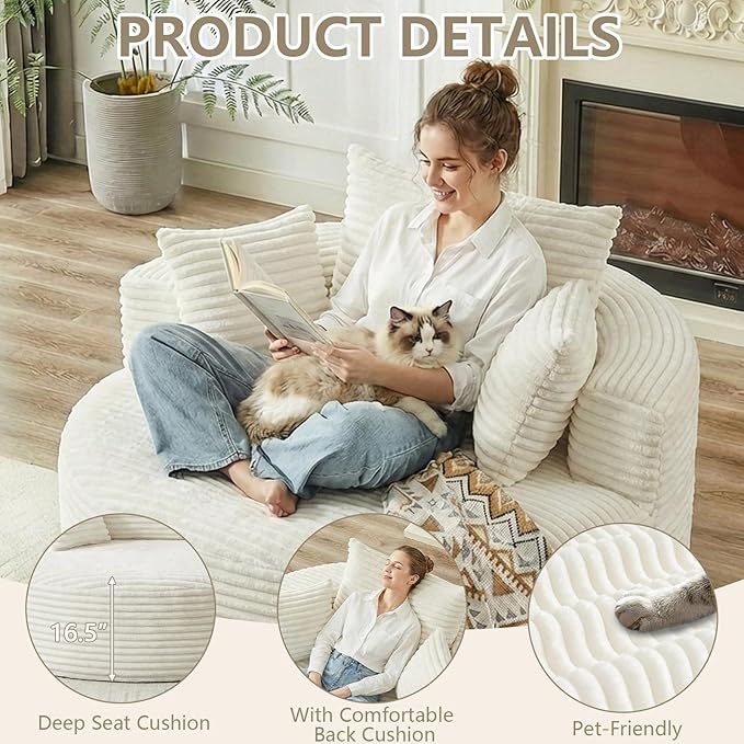 55 L Corduroy Sponge Single Sofa Oversized Round Chair Fluffy Modern Sleeper Chairs for Living Room Lounge and Projection Room Wide Armrest Lounge Chairs Armchair with Pillow White