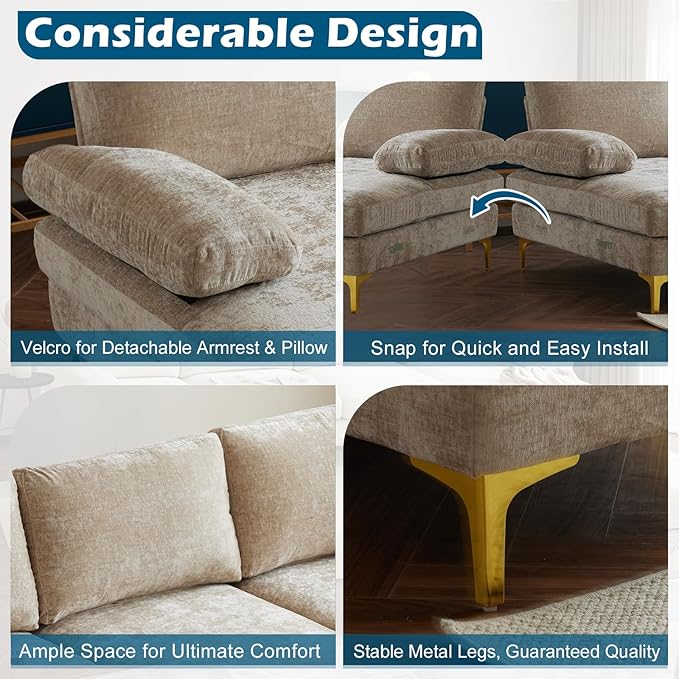 VINGLI 110 Large U-Shape Sectional Sofa Couch with 51 D Double Chaise for Living Room Modern Sectional Couch Set with Soft 5.9 Thickness Seating Padding Chenille FabricMetal Gold Legs(Khaki)