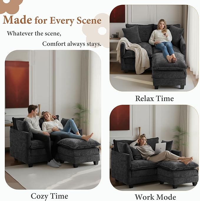 50 Loveseat Sofa with Ottoman| Chenille L Shape Love Seat Couch with 2 Pillows | 27.16 Deep Seat for Small Spaces Bedroom Dorm Apartment | Black