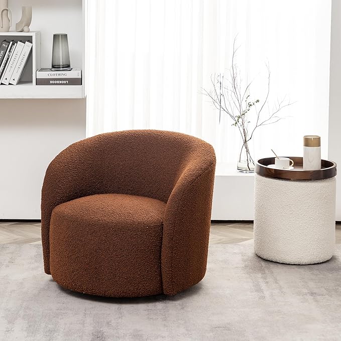 KINWELL 34 Boucle Swivel Barrel Chair with 18 Round Ottoman Set Fully Assembled Set of Sherpa Accent Chair and Footrest Modern Comfy Armchair and Footstool for Living Room and Bedroom Brown