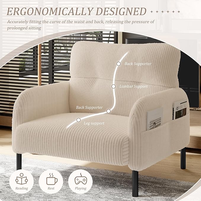 Modern Living Room Chair Single Seat Wide Chair Upholstered Corduroy Fabric Accent Armchair Single Sofa Chair with Side Pocket and Wood Legs for Bedroom/Office/Reading Spaces (Beige)