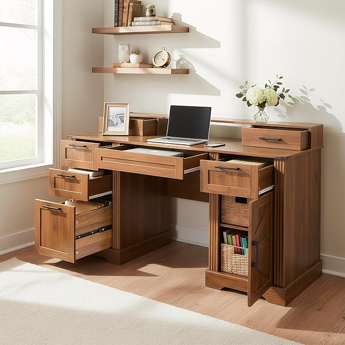 59.5 Farmhouse Office Desk with USB Charging Station Fixed Monitor Stand with Drawers Convertible Keyboard Tray &amp File Cabinet Home Computer Workstation with Large Storage