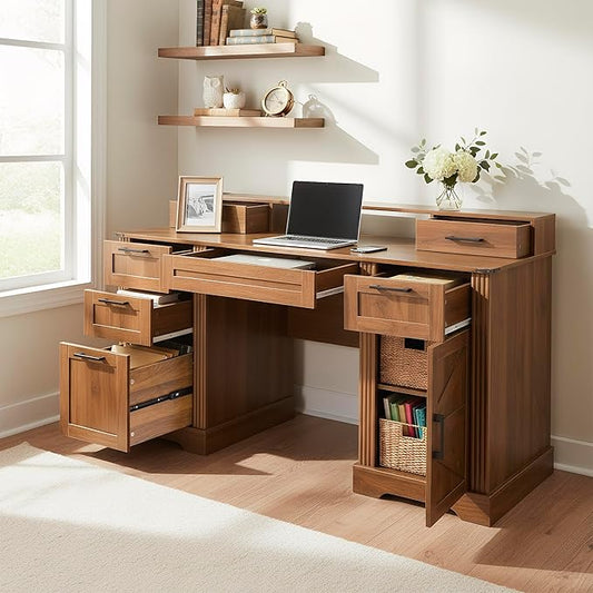 59.5 Farmhouse Office Desk with USB Charging Station Fixed Monitor Stand with Drawers Convertible Keyboard Tray &amp File Cabinet Home Computer Workstation with Large Storage