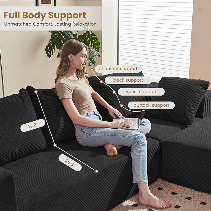 108 L-Shaped Boneless Couch Modular Sectional Sofa with Moveable Ottoman Corduroy Cloud Couches for Living Room No Assembly Ship in a Box Black
