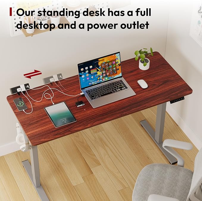 SANODESK Electric Standing Desk with Desk Clamp Power Strip 55x 28 Whole-Piece Desktop Height Adjustable Stand Up Desk with Cable Management Sit Stand Home Office Desk Silver Frame/Mahogany Top