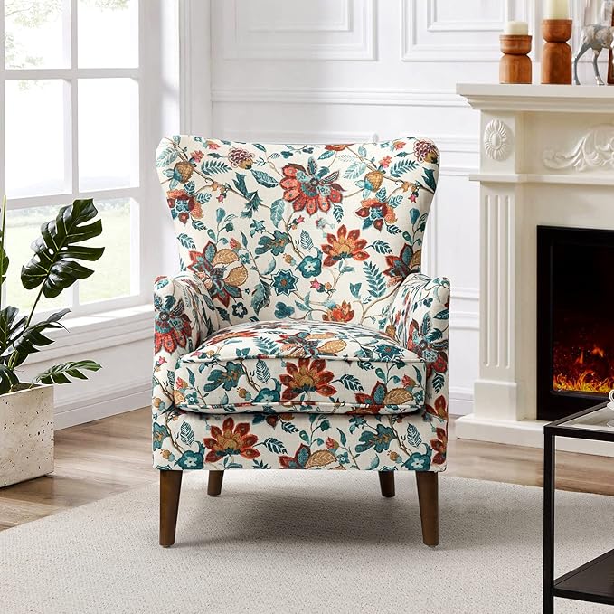 HULALA HOME Floral Accent Chair Wingback Chair with Arms and Solid Wooden Legs Comfy Upholstered Armchair Single Sofa Chair for Living Room Office (RED)