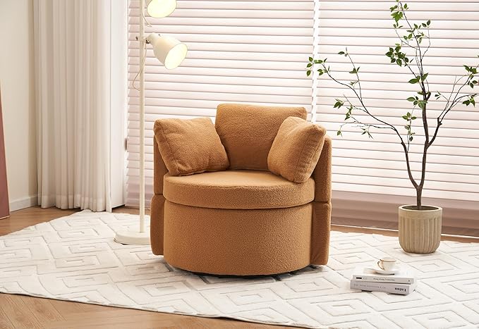 Fabric Swivel and Storage Chair with Back Cushion for Living RoomKhaki