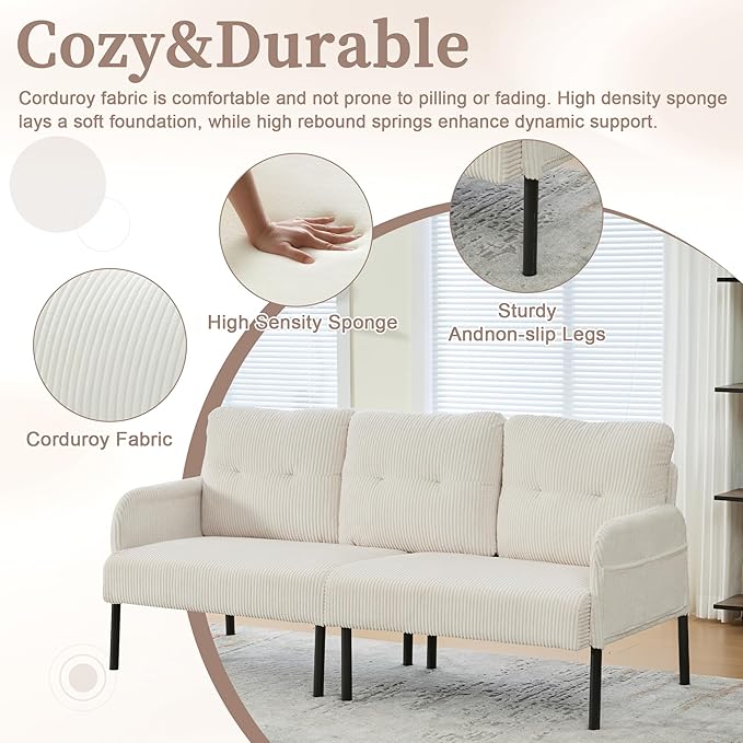 67 3 Seater Modern Couch Sofa Corduroy Fabric Upholstered Sofa for Small Space Living Room Bedroom Apartment Beige