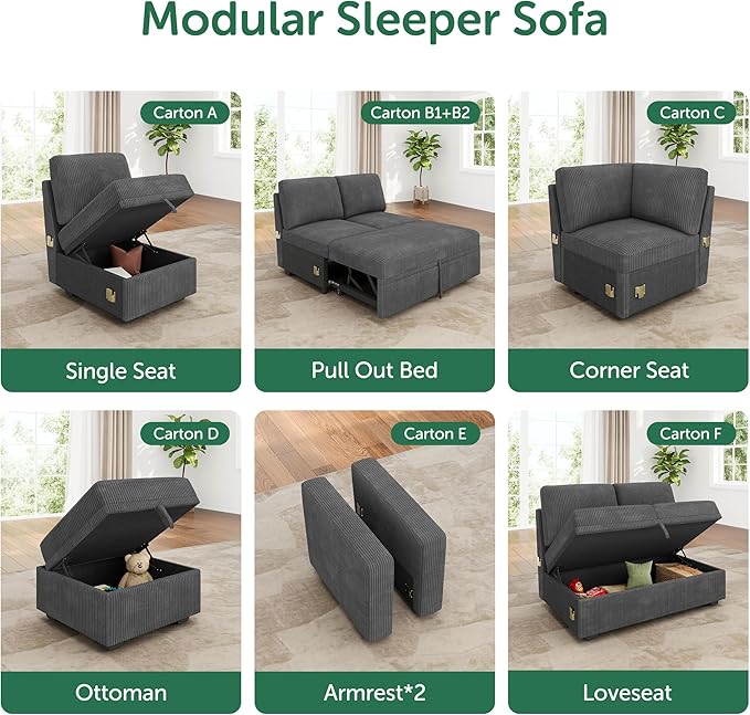 HONBAY Square Ottoman Module for Modular Sectional Sleeper Sofa Storage Ottoman Footrest and Seat Cube Velvet Grey
