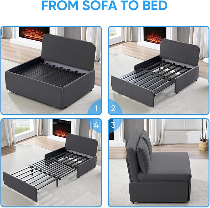 PUREMIND Twin Sofa Bed Twin Size Pull Out Sofa Beds with 2 Pillows&amp Tri-fold Mattress Linen Chair Bed Pull Out Couch Beds for Small Place Apartment Dark Grey