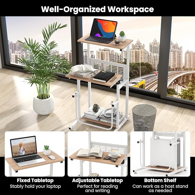 Tangkula Small Standing Desk Height Adjustable Teacher Podium Stand Compact Standing Table Lectern Podium Laptop Desk with Footrest Suitable for Sitting or Standing