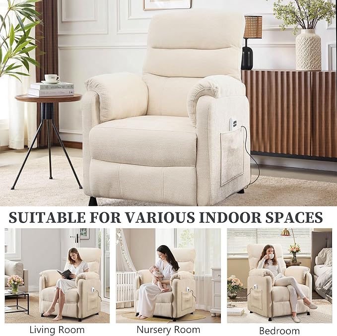 Electric Recliner Chair Power Recliner Sofa with Remote Adjustable Backrest and Side Pocket 7-Zone Support 350 LBS Soft Chenille Fabric Armchair for Living Room Bedroom Off White