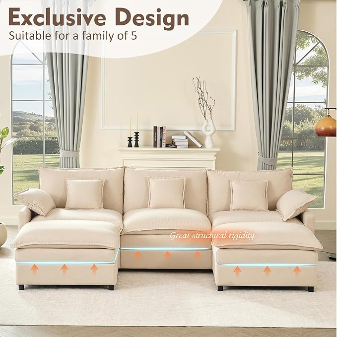 108 U Shaped Couch Modular Sectional Sofa 3-Seater Comfy Cloud Couch Set of Modular Pieces with Movable Ottoman Deep Seat Couches for Living Room Linen Beige