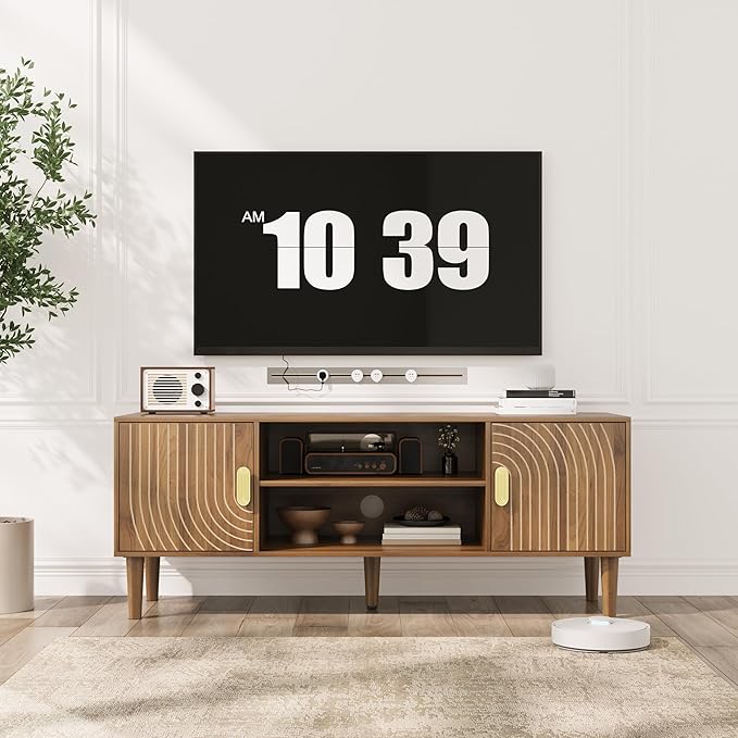 Smuxee Walnut TV Stand with Line Groove Design 47.2 Mid Century Modern TV Media Console for TVs up to 55 TV Cabinet with Adjustable Shelf &amp 2 Cabinets for Living Room