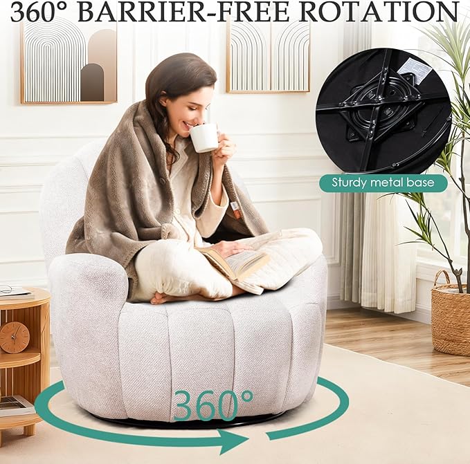 Mid Century Modern 360° Barrel Swivel Accent Sofa Chair Fluffy Cozy Linen Fabric Upholstery Lounge Upholstered Armchair Reading Chair Sturdy Base for Living Room Bedroom Office (Beige)