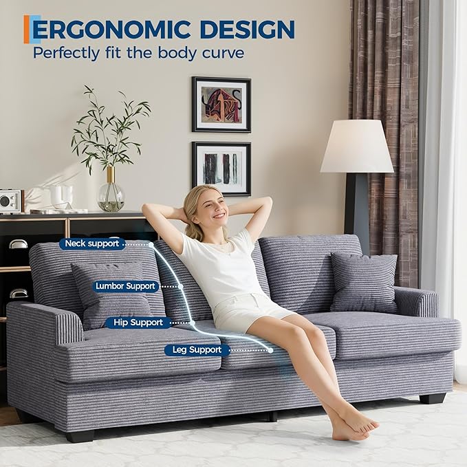IDEALHOUSE Modern 86 Corduroy Sofa with 2 Throw Pillows Deep Seat Couch with Upholstered Cushion &amp Removable CoverComfy Corduroy Sofa Couch for Small Space Apartment Lounge Grey