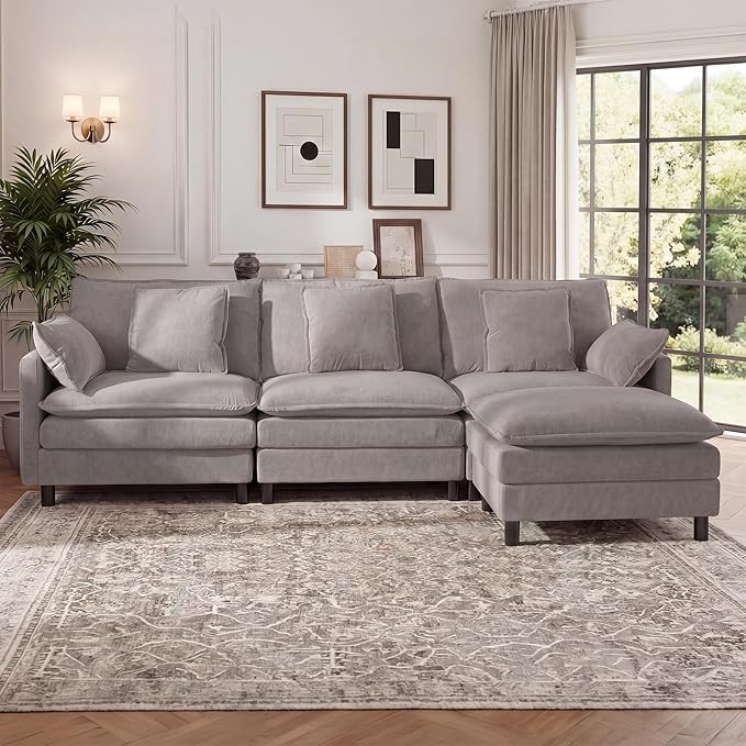 YDN 110 Couch Sofa Sectional Couches for Living Room Cloud Couch with Movable Ottoman Modular L Shaped Sofa Set Light Grey