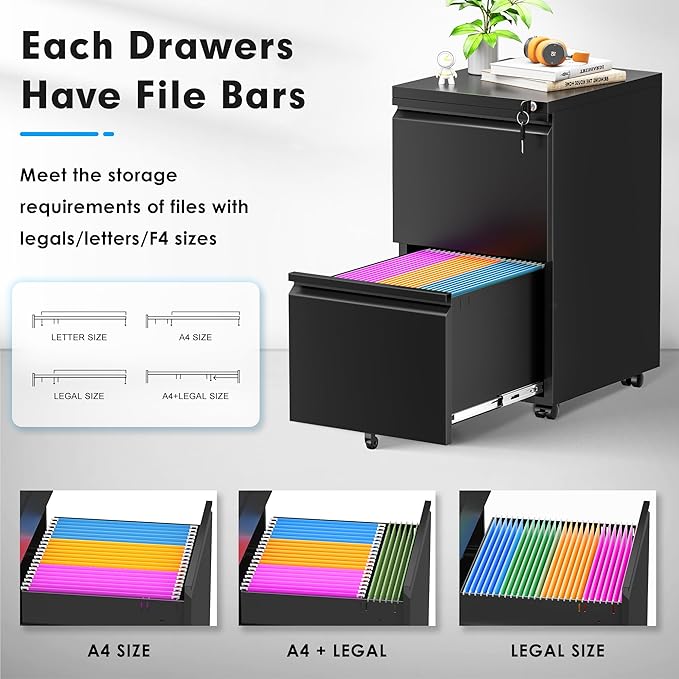 Pataku 2 Drawer File Cabinet Small File Cabinets with Lock Metal Rolling Filing Cabinet with 2 Drawer Filing Cabinets for Home Office Fit A4/Letter/Legal Easy Assembled Black